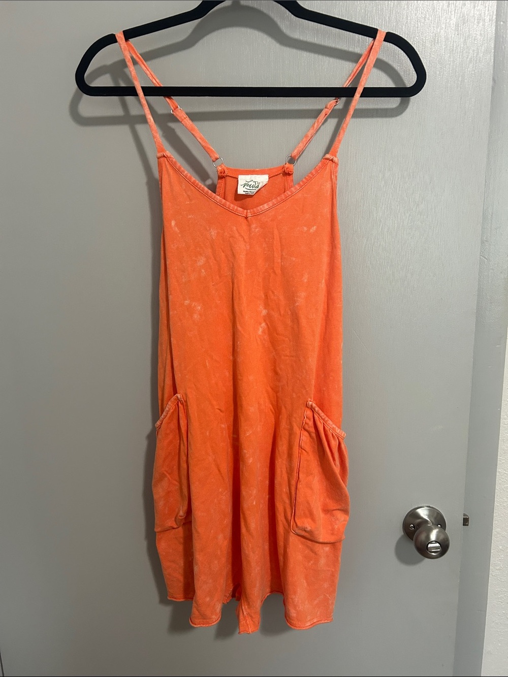 Boho Orange Acid Washed Pocket Cami Shorts Romper